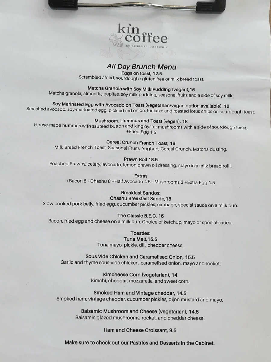 Menu, Kin Coffee Leederville