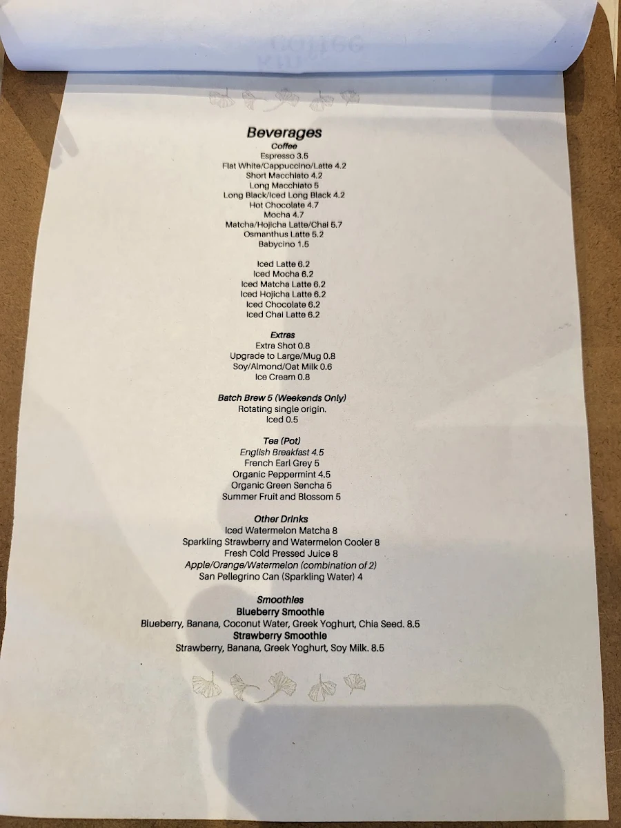 Menu, Kin Coffee Leederville