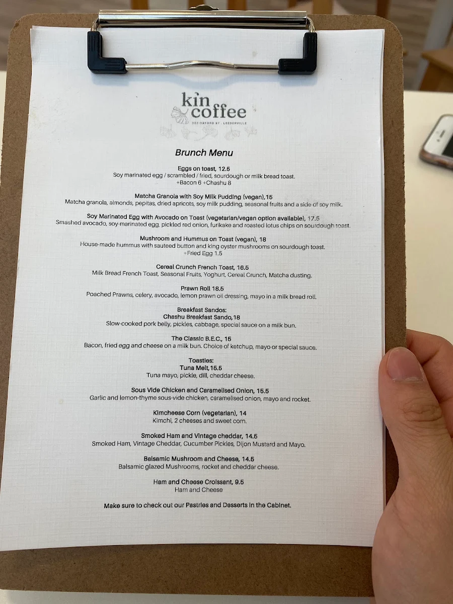 Menu, Kin Coffee Leederville