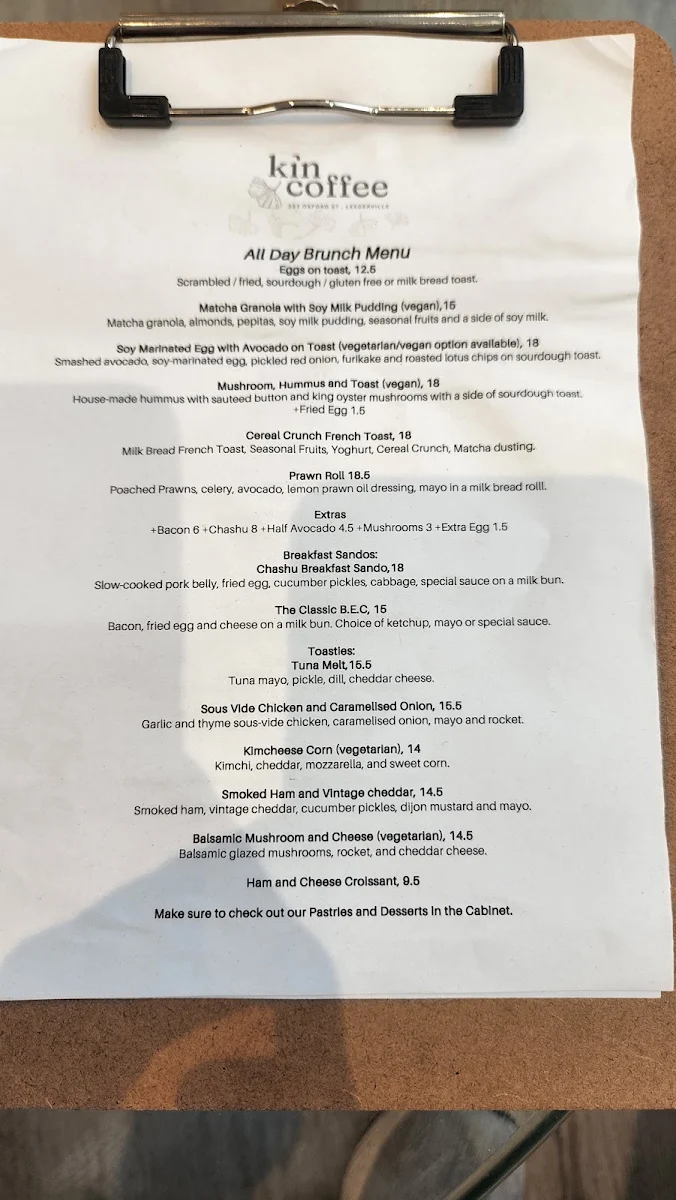 Menu, Kin Coffee Leederville
