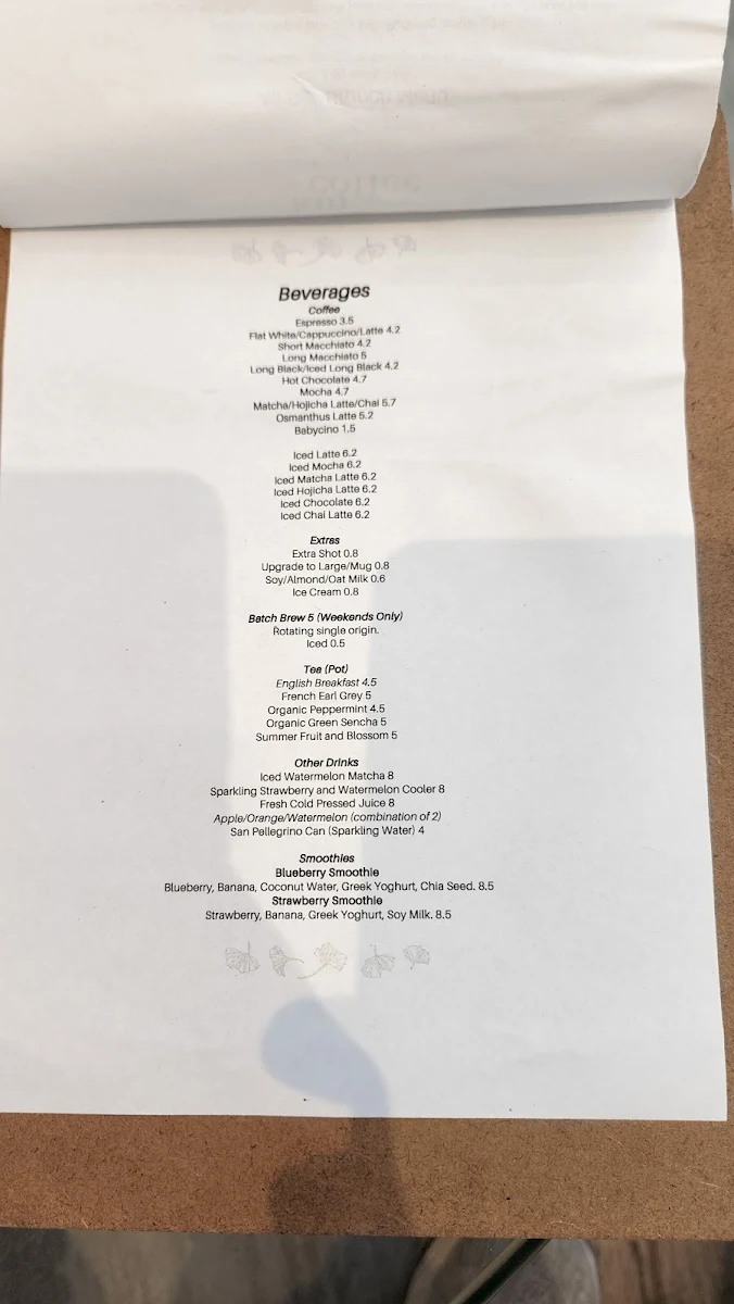 Menu, Kin Coffee Leederville