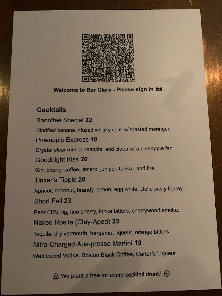 Menu, Bar Clara