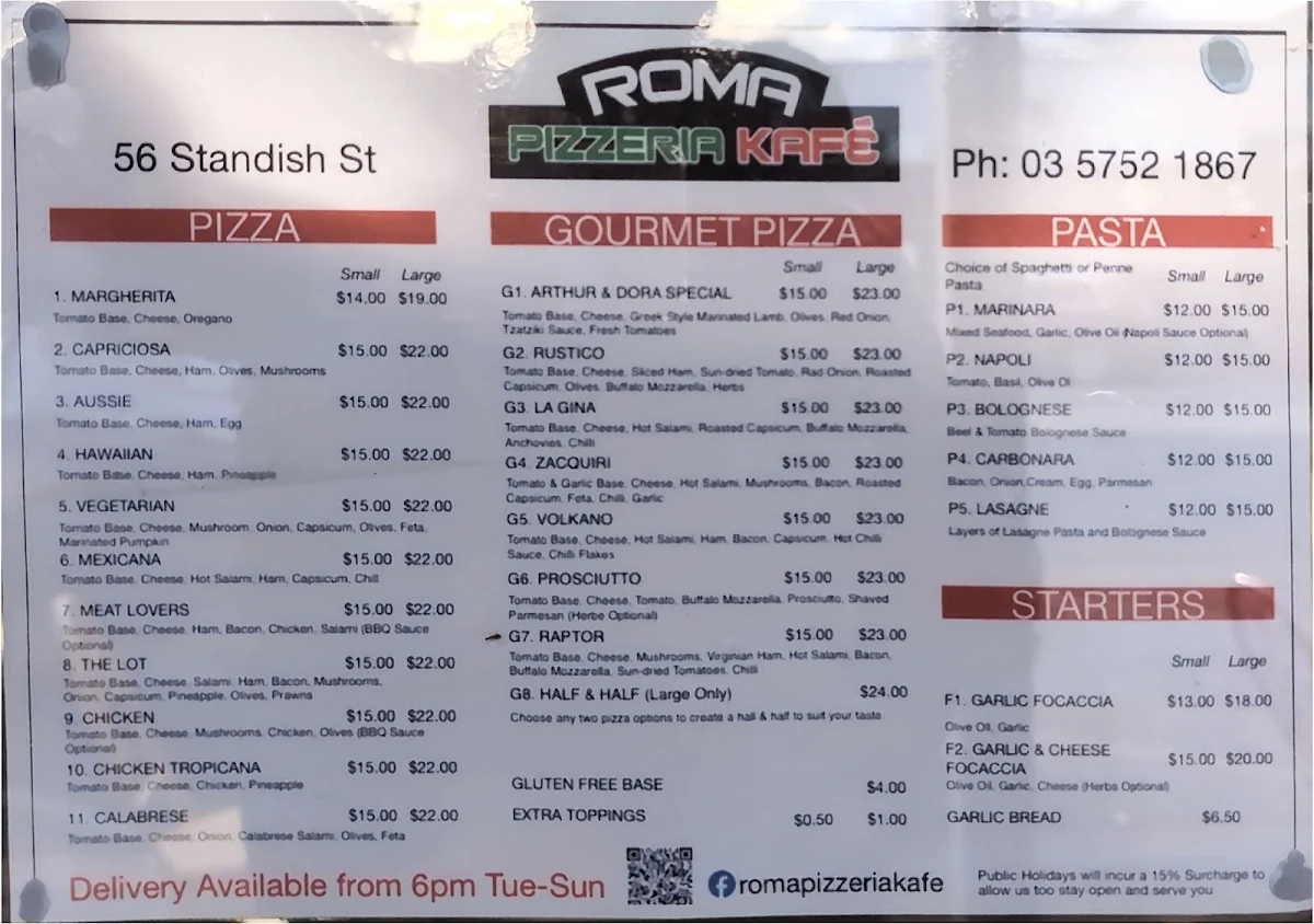 Menu, Roma Pizzeria Kafe