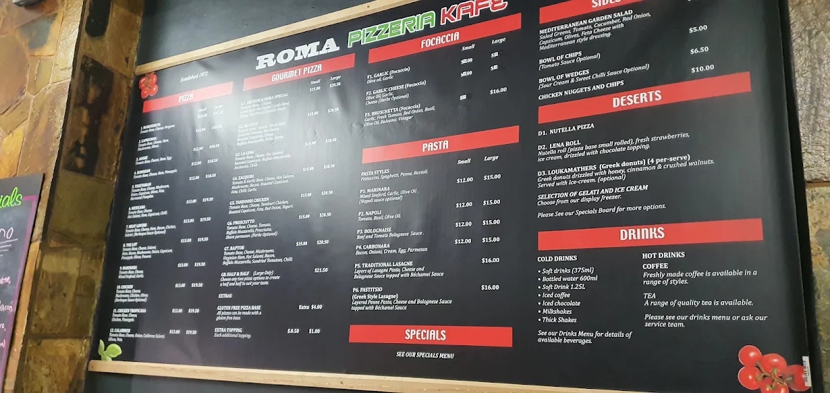 Menu, Roma Pizzeria Kafe