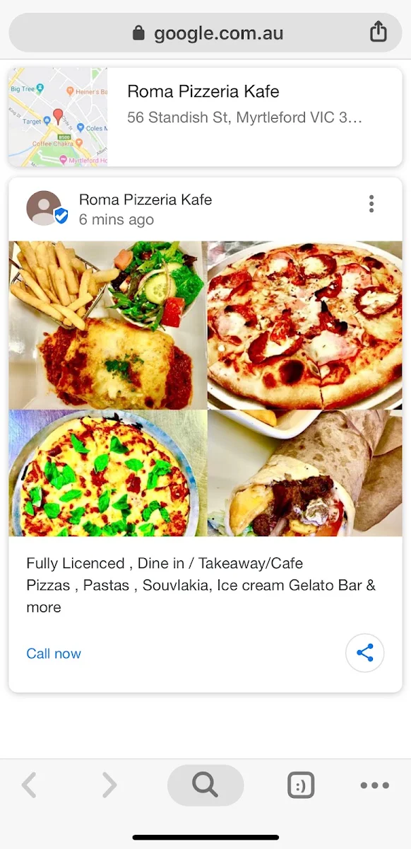 Menu, Roma Pizzeria Kafe