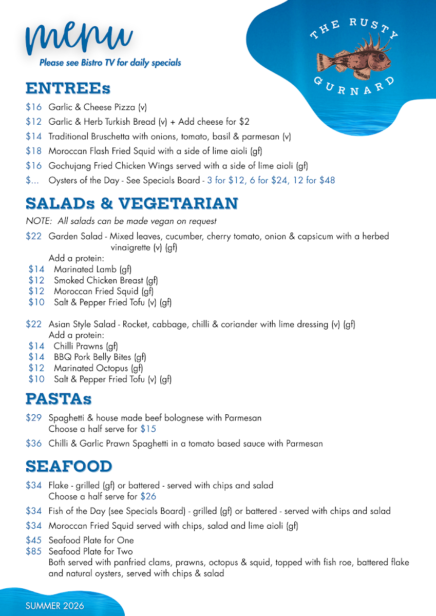 Menu, The Rusty Gurnard