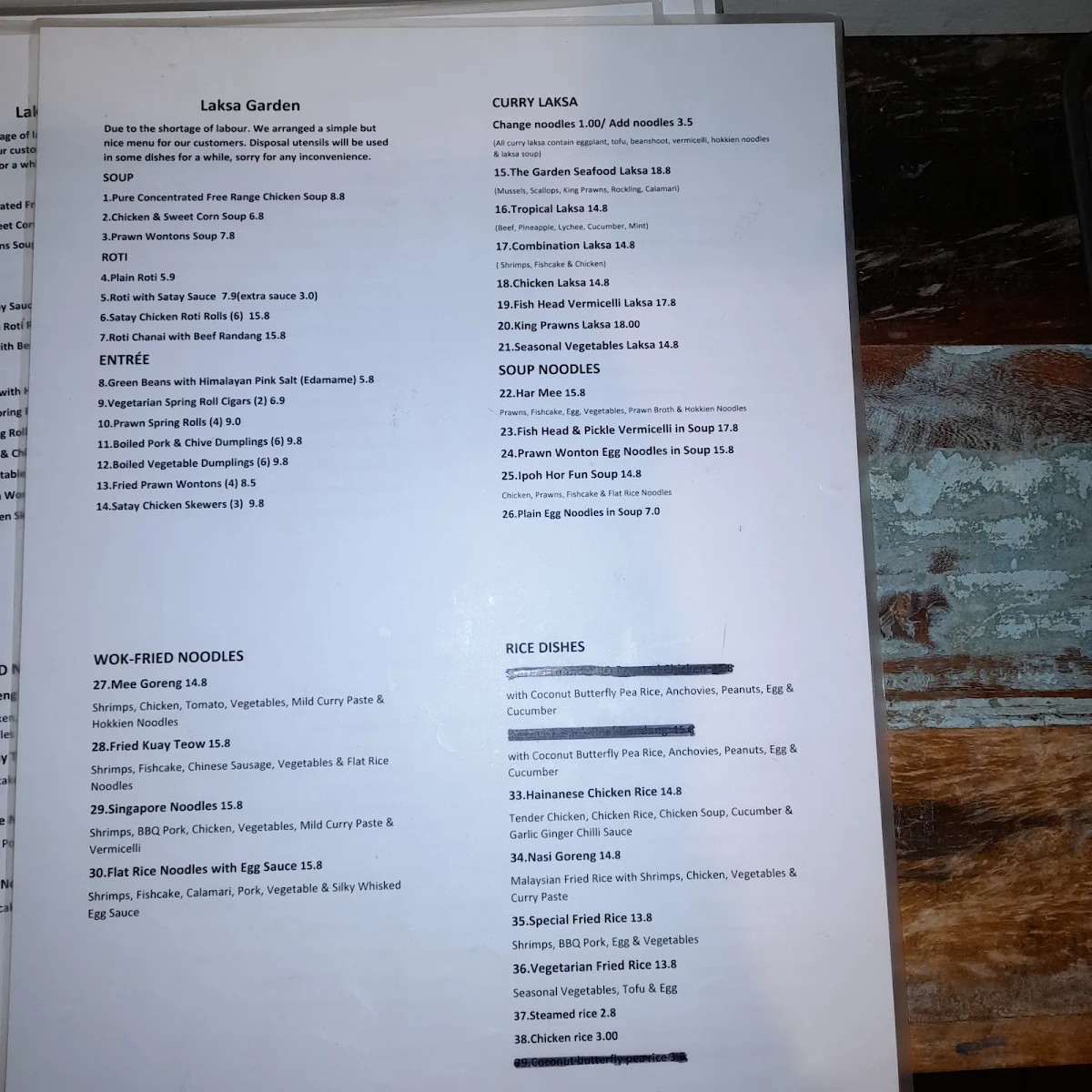 Menu, Laksa Garden