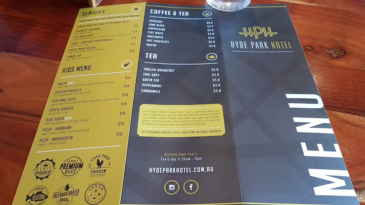Menu, Hyde Park Hotel