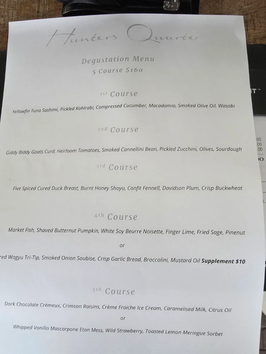 Menu, Hunters Quarter