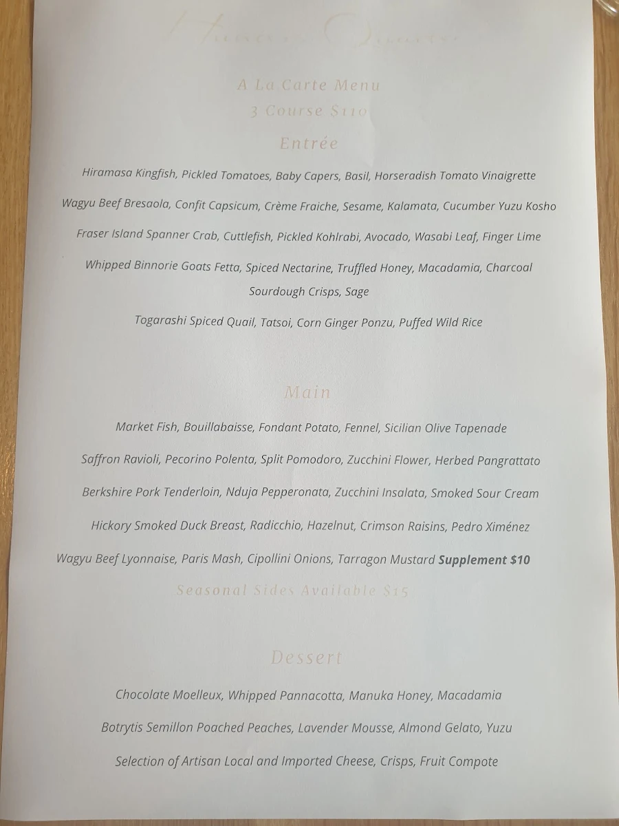 Menu, Hunters Quarter