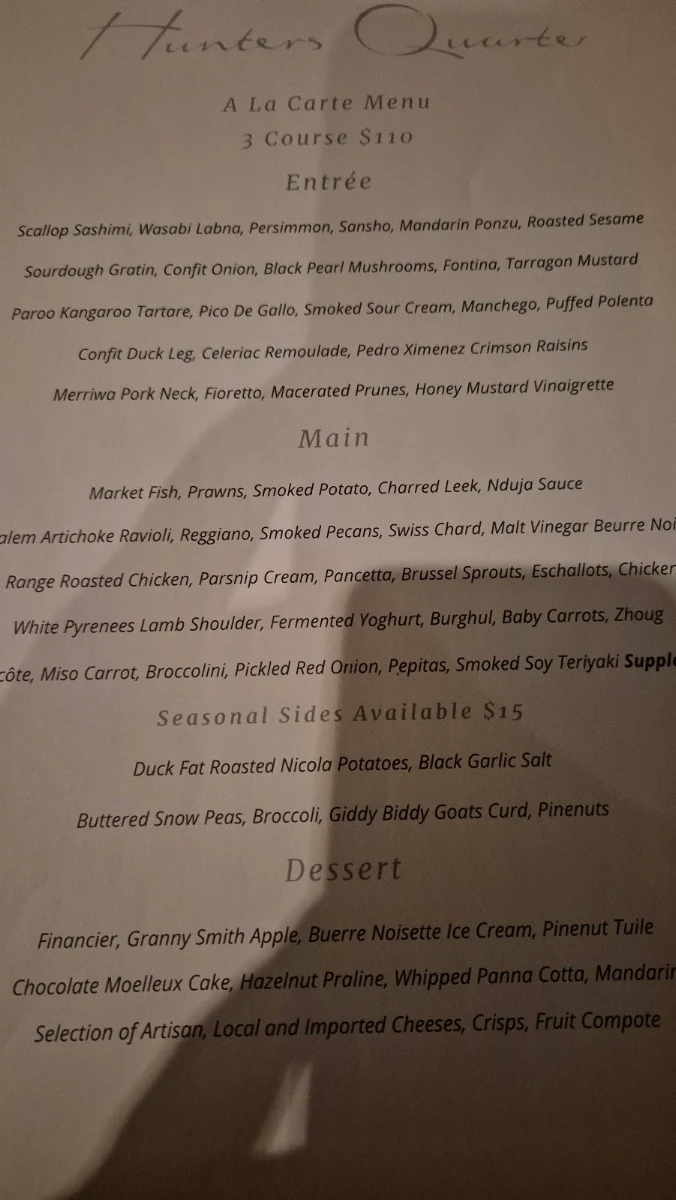 Menu, Hunters Quarter