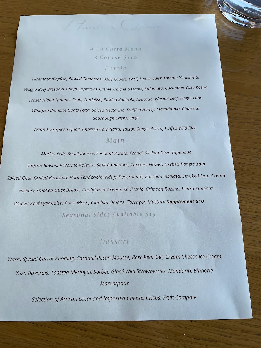 Menu, Hunters Quarter