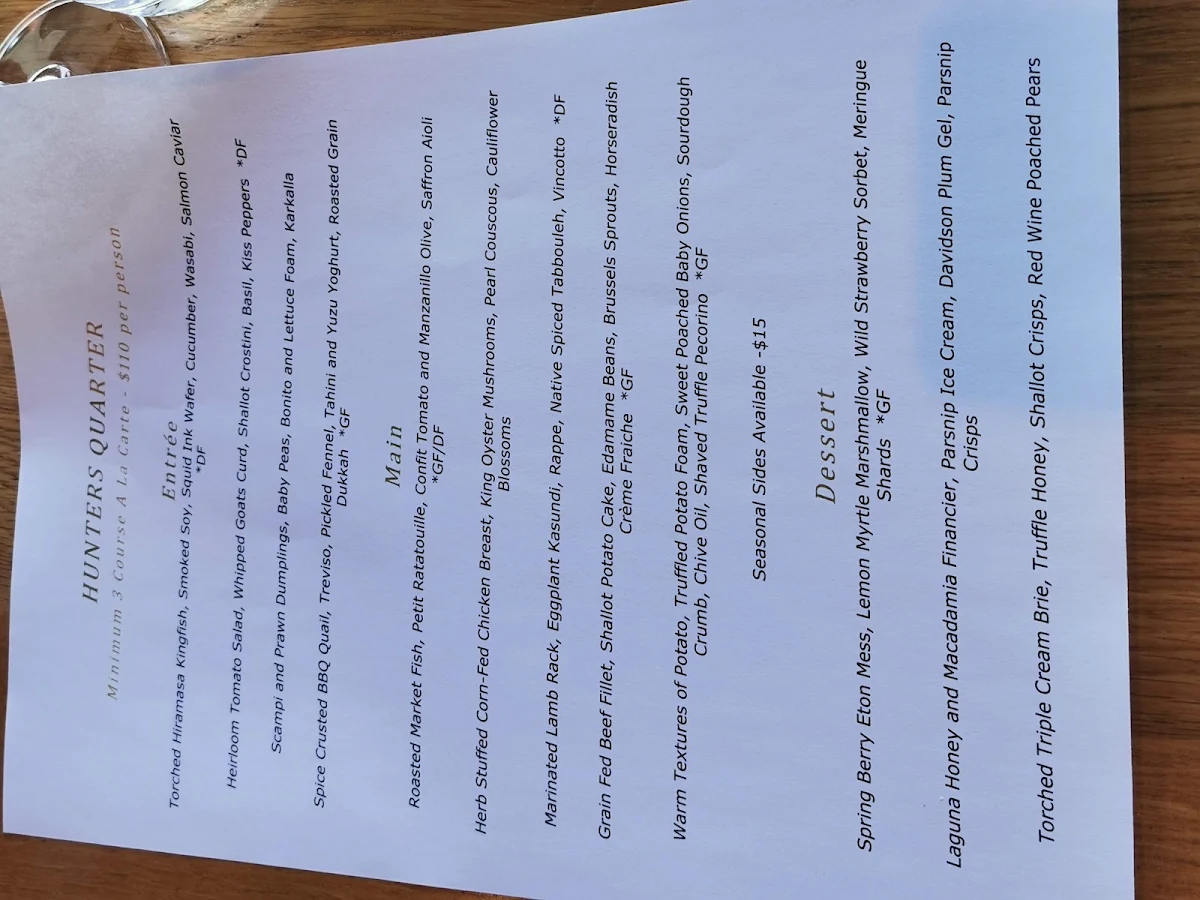 Menu, Hunters Quarter