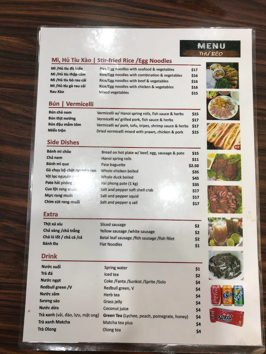 Menu, Thư Béo Restaurant Bankstown