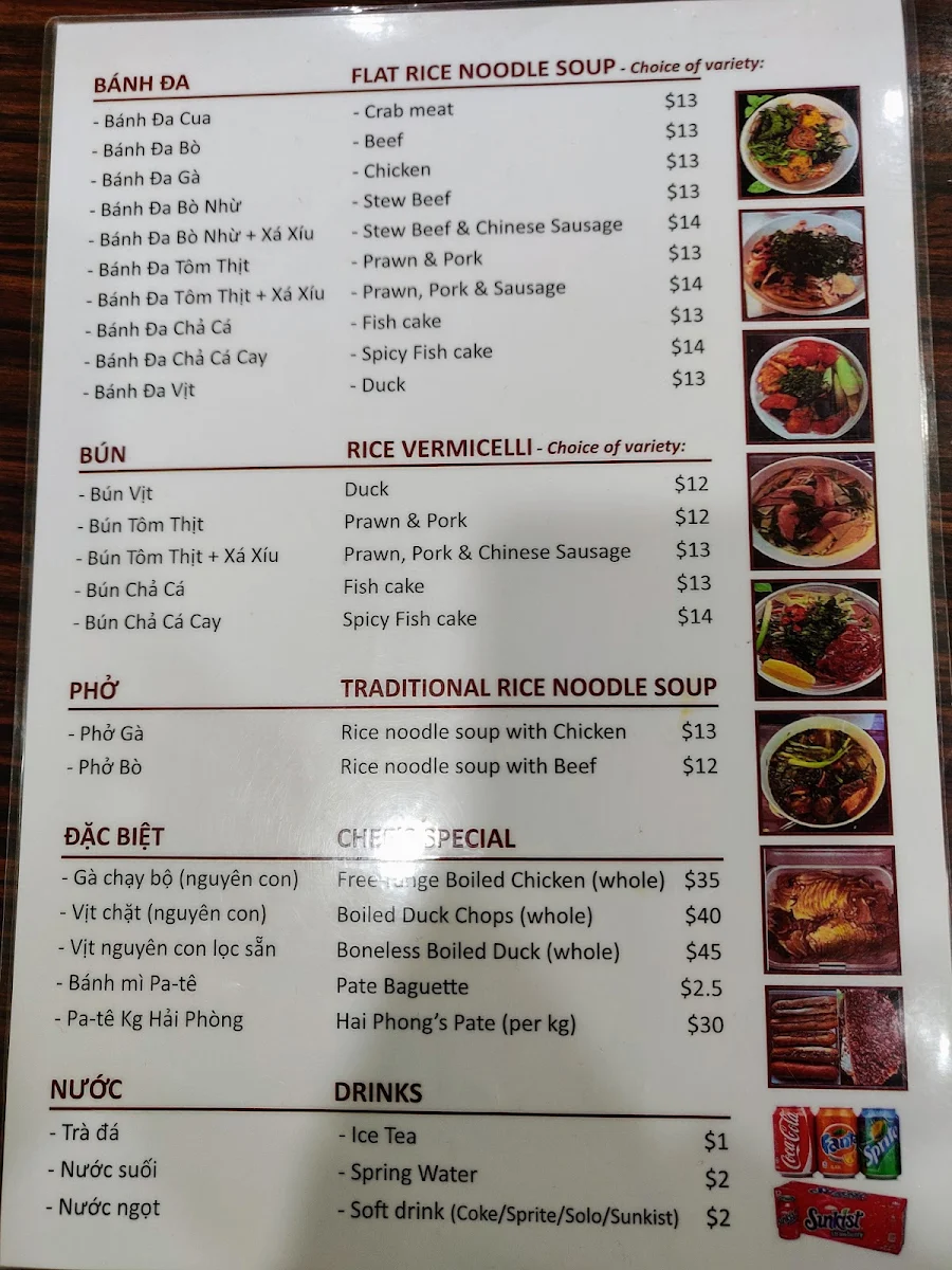 Menu, Thư Béo Restaurant Bankstown