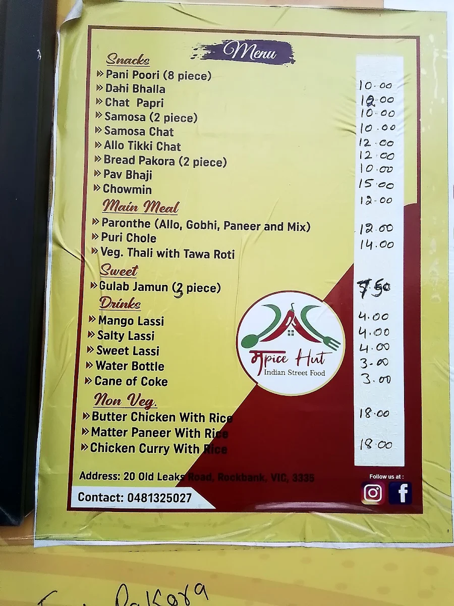 Menu, Spice hut food truck, Rockbank