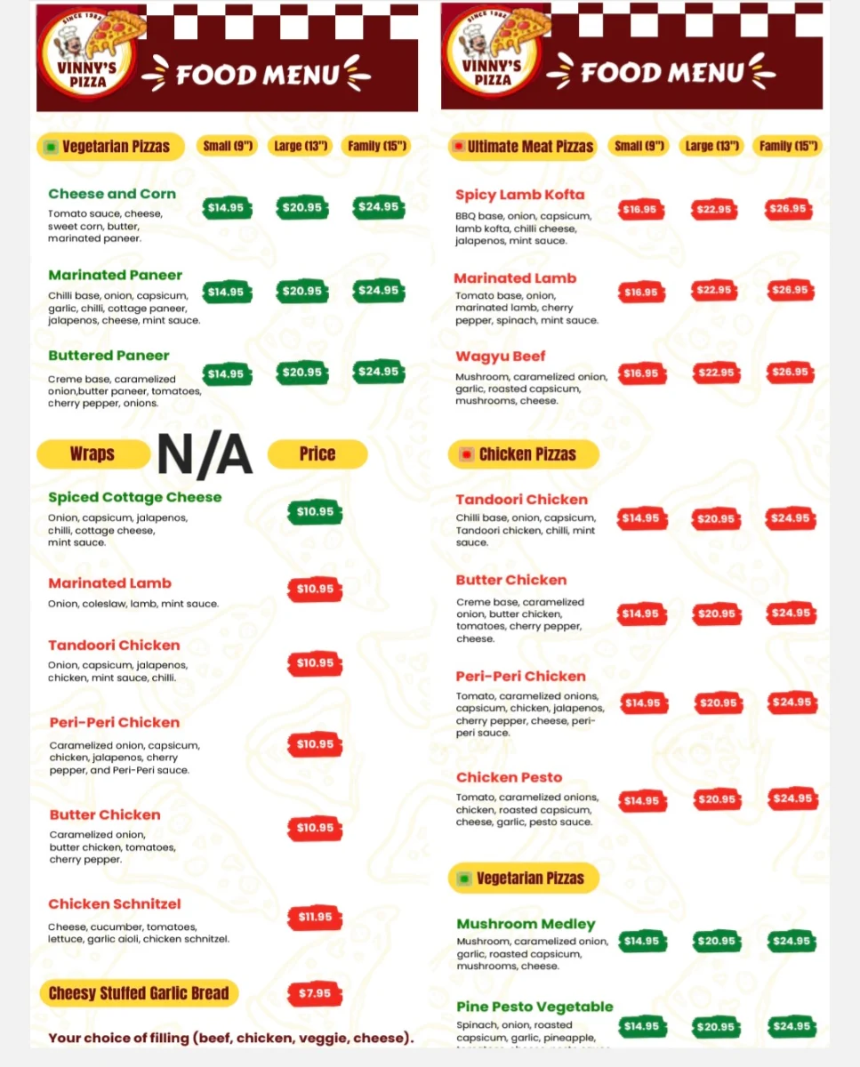 Menu, Vinny's Pizza