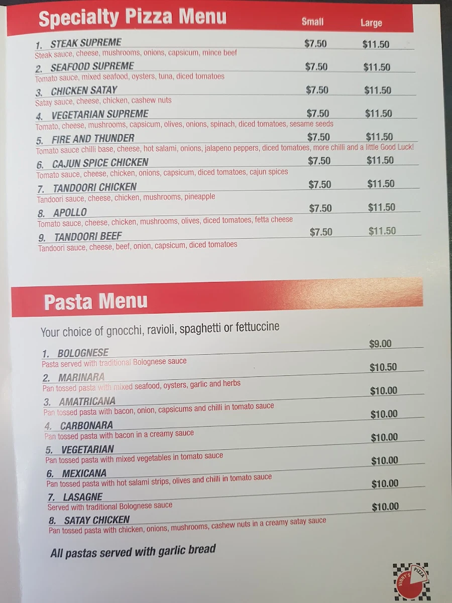 Menu, Vinny's Pizza