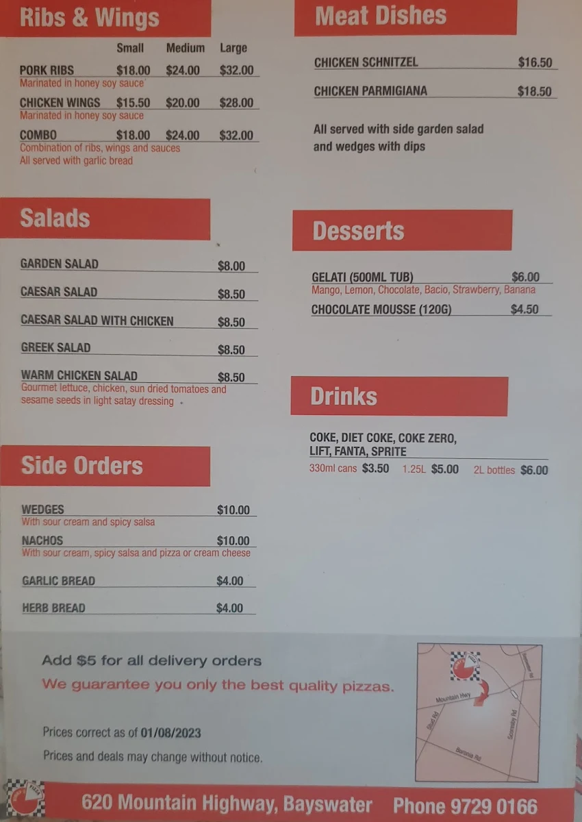 Menu, Vinny's Pizza