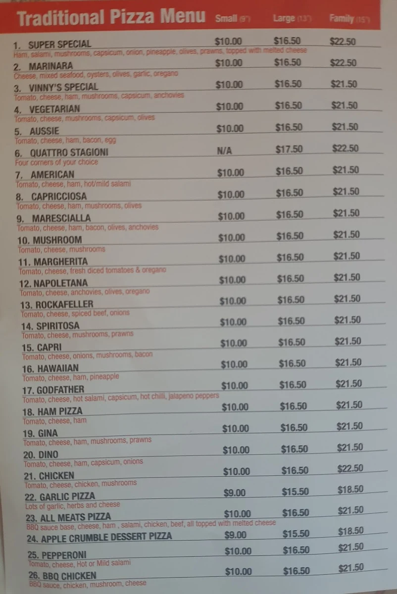 Menu, Vinny's Pizza