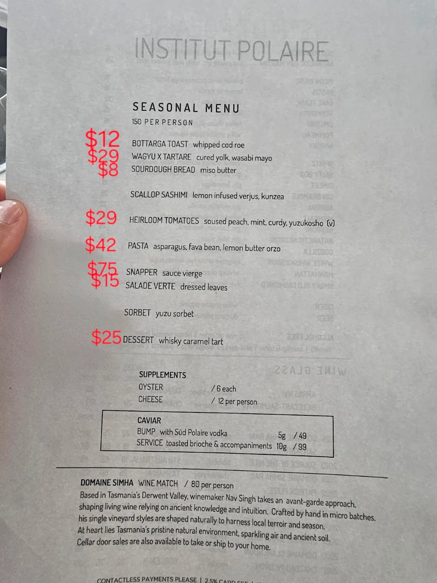 Menu, Institut Polaire