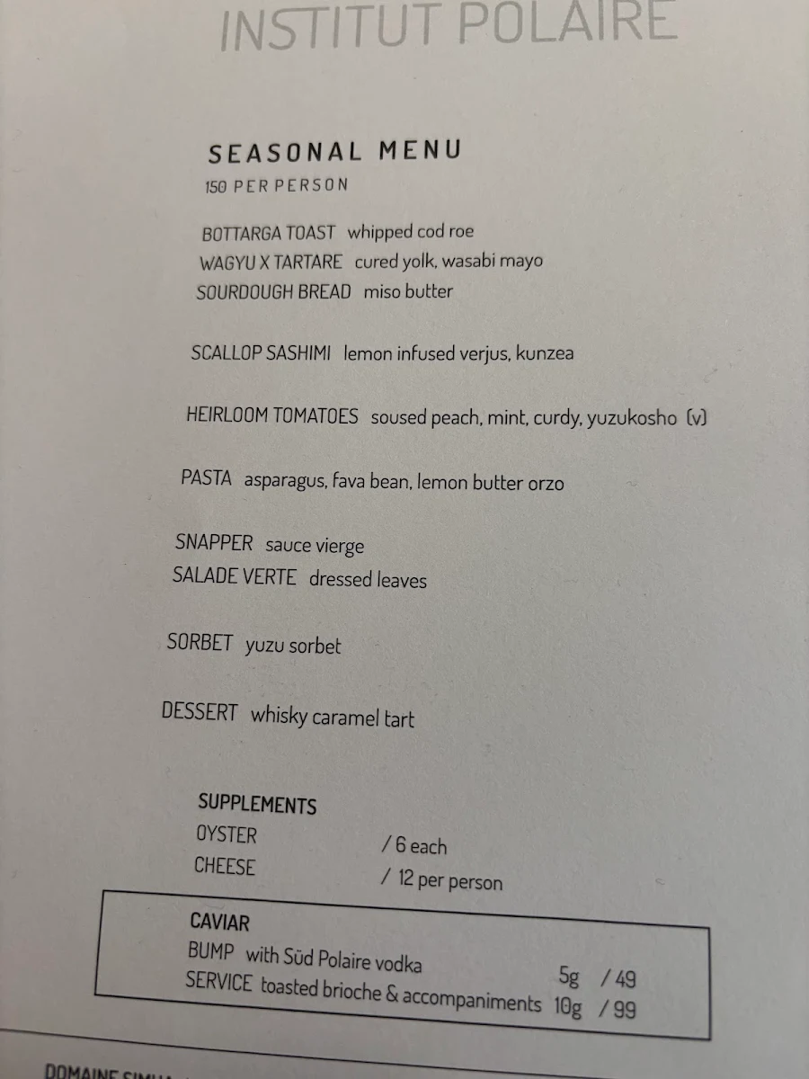Menu, Institut Polaire