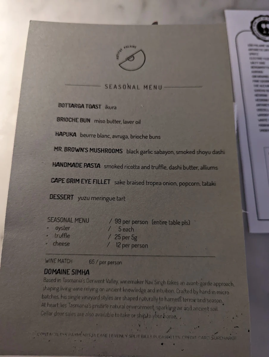 Menu, Institut Polaire