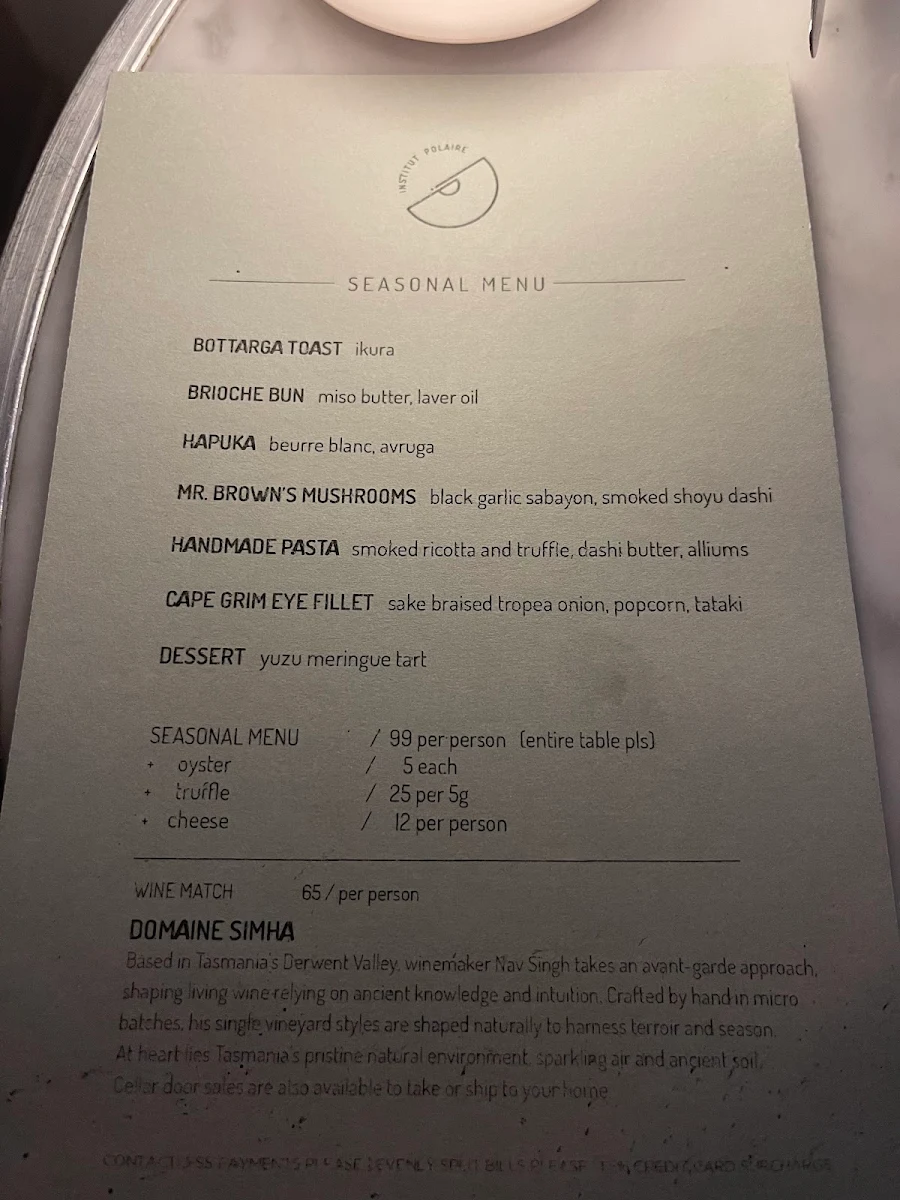Menu, Institut Polaire