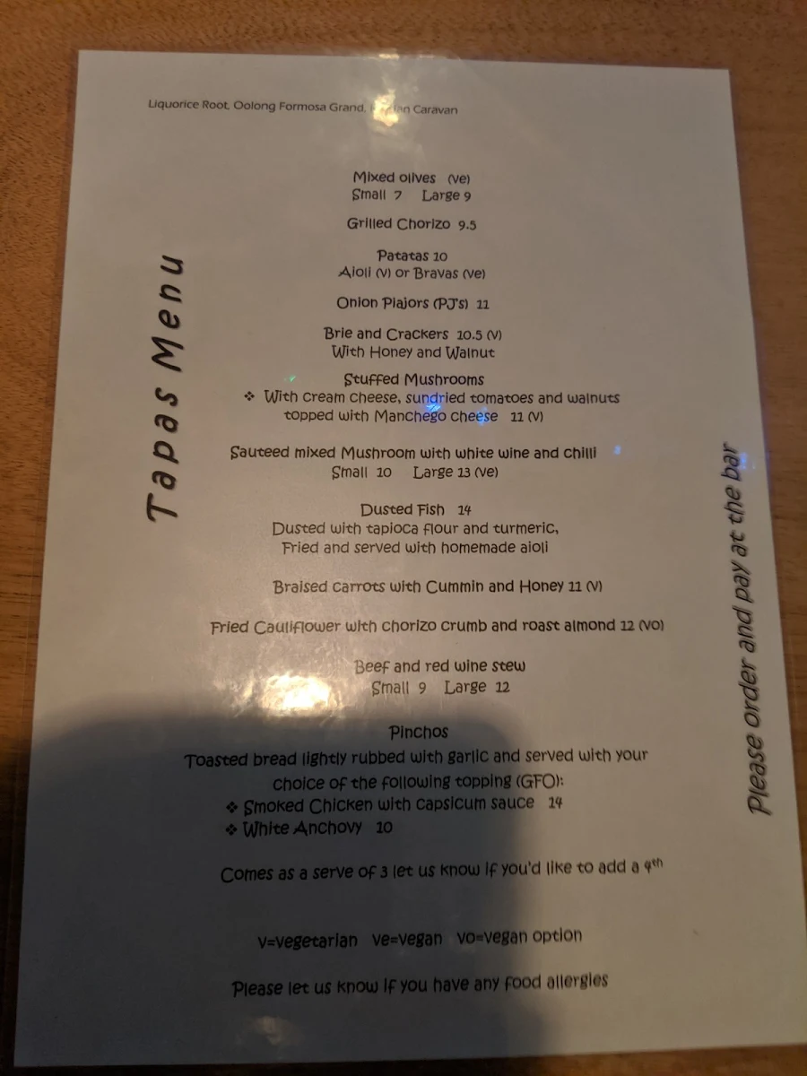 Menu, Treehouse Tapas and Wine Bar