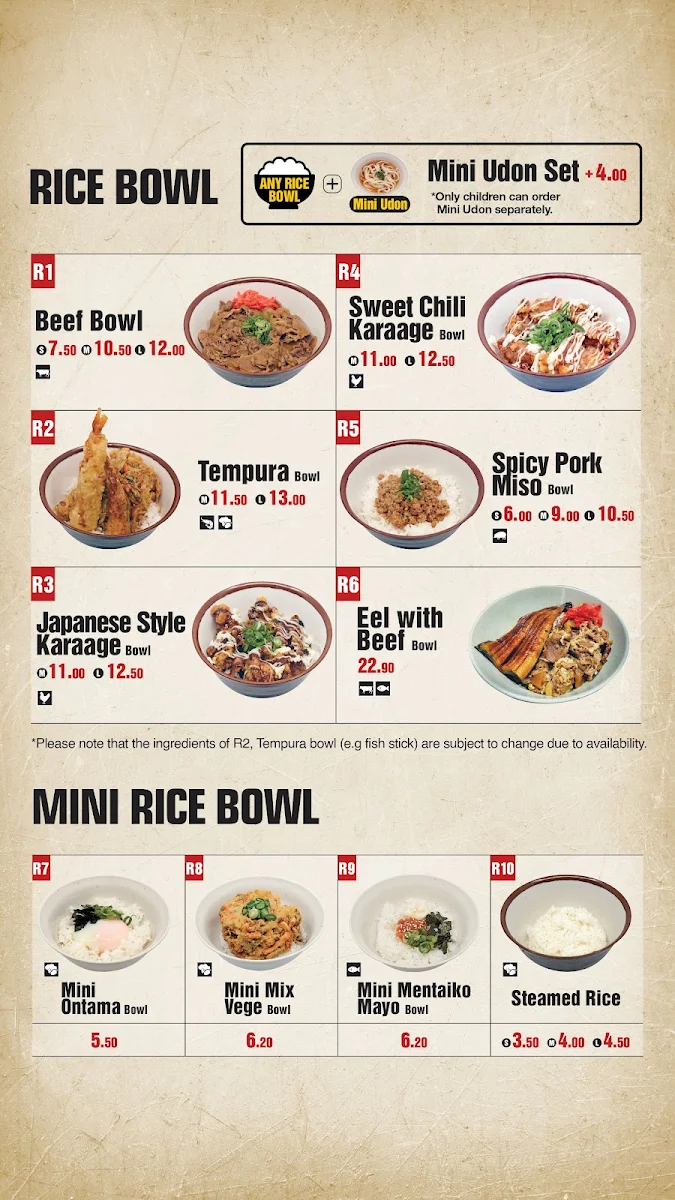 Menu, Udonya Tokoton
