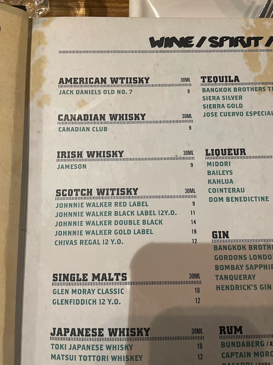 Menu, Bangkok Brothers - Whitfords