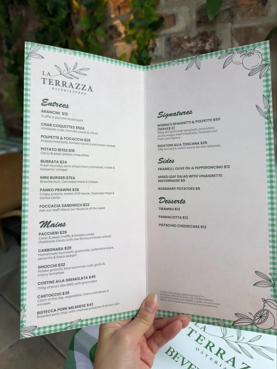 Menu, La Terrazza Osteria Verde