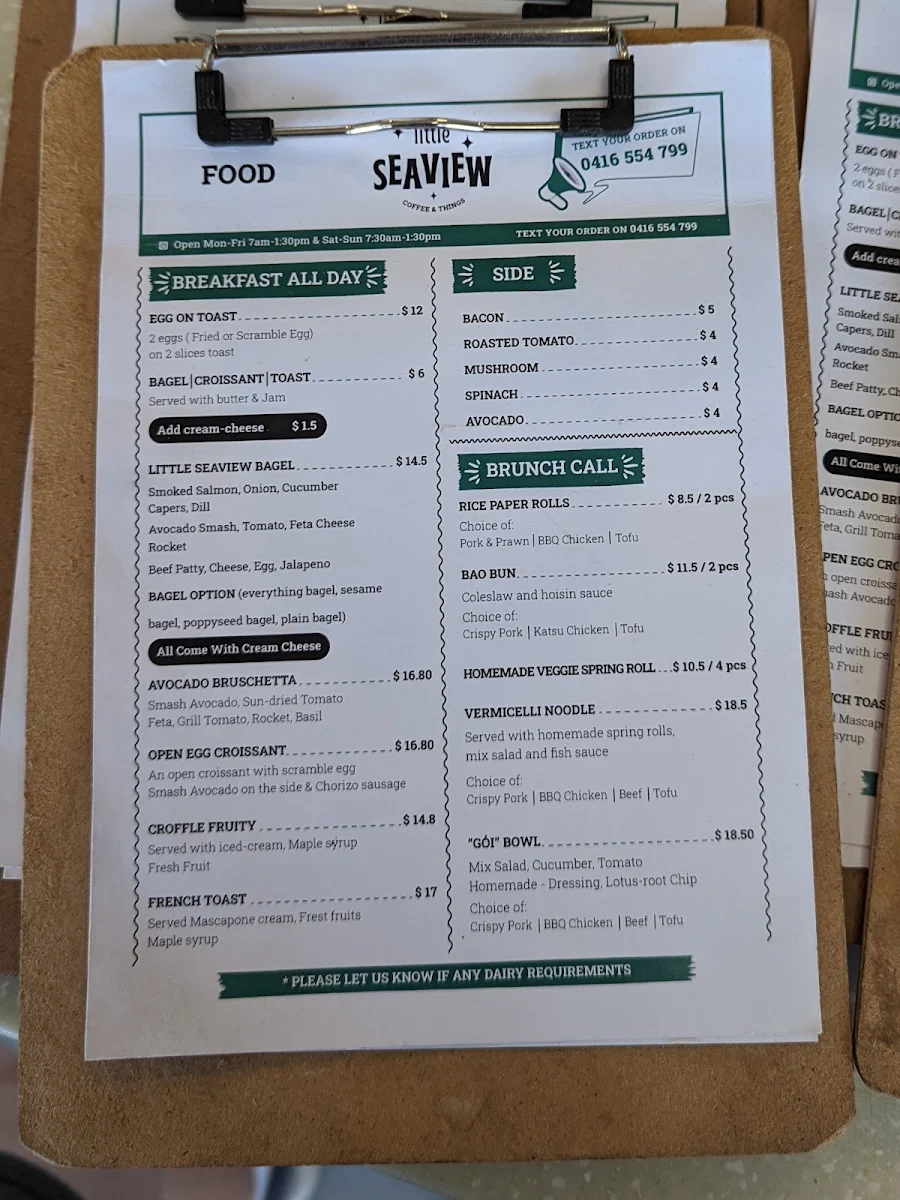 Menu, Little Seaview Cafe