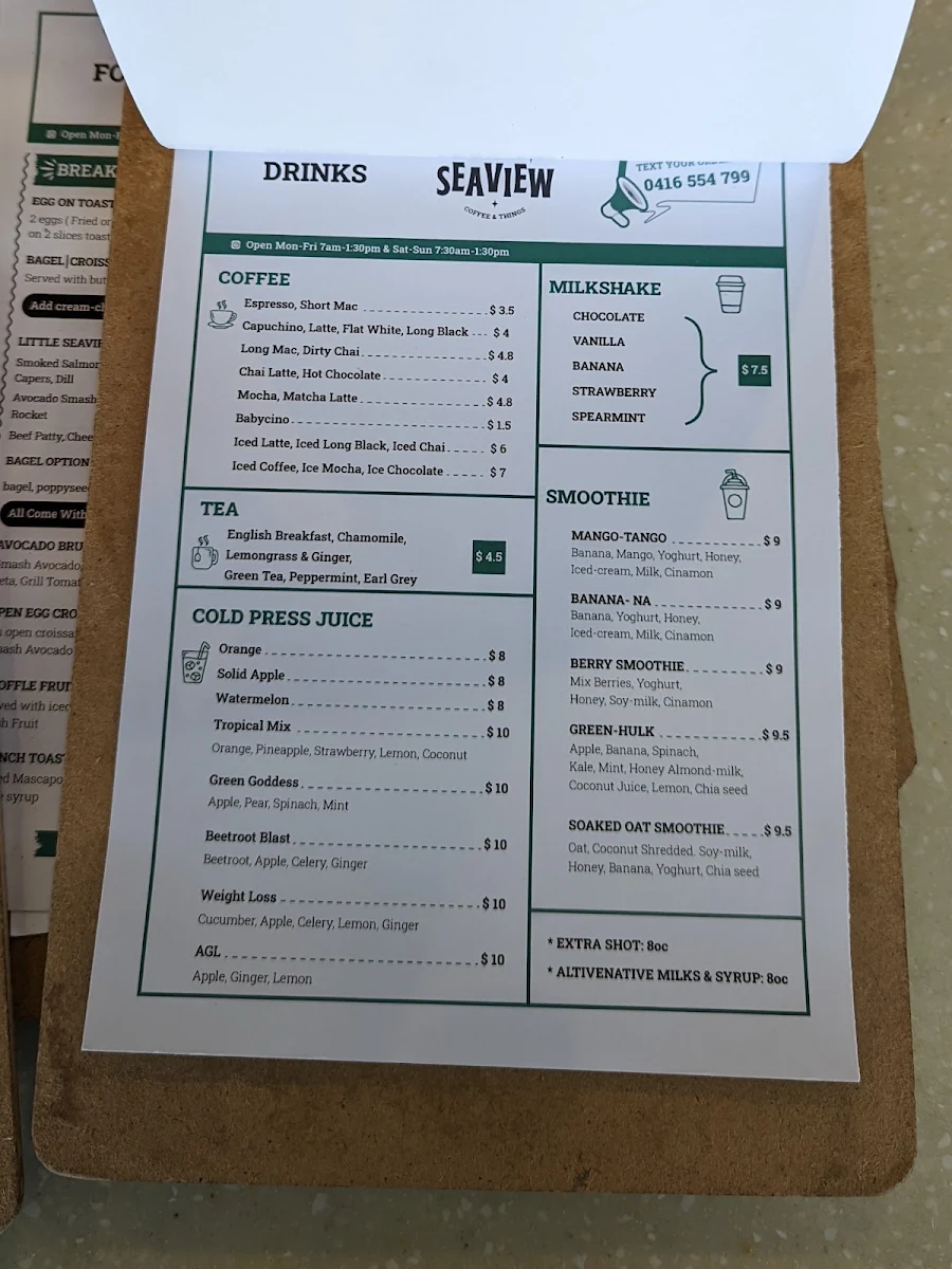 Menu, Little Seaview Cafe