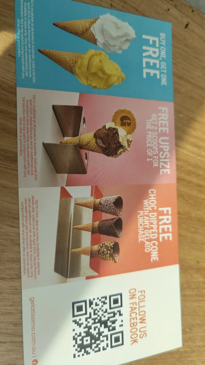 Menu, Gelatissimo Canberra Centre