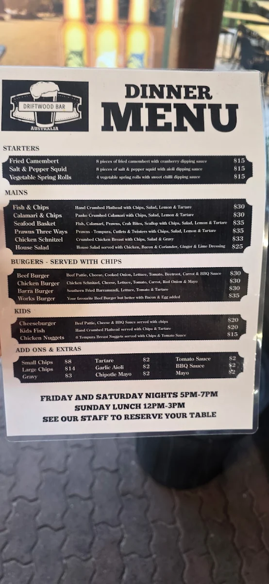 Menu, Orchid Beach Trading Post and Driftwood Bar