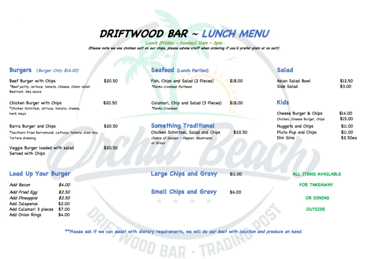 Menu, Orchid Beach Trading Post and Driftwood Bar