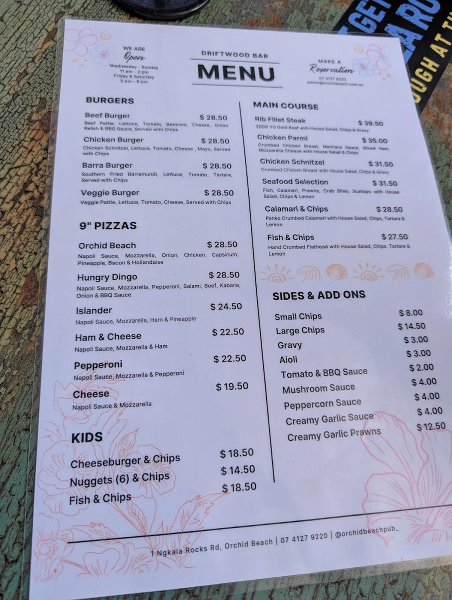 Menu, Orchid Beach Trading Post and Driftwood Bar