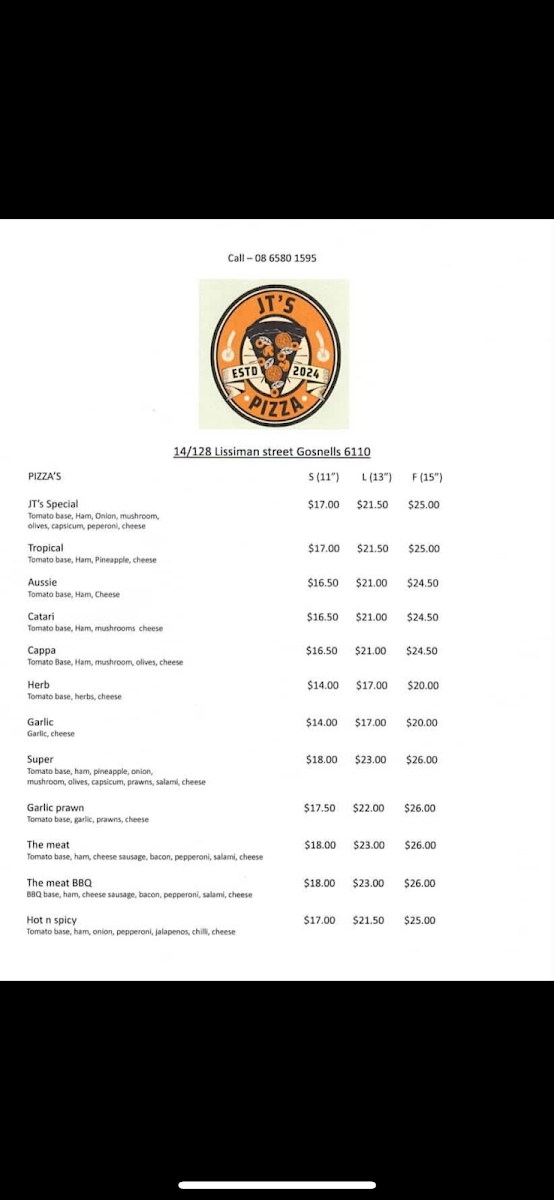 Menu, JT’s Pizza