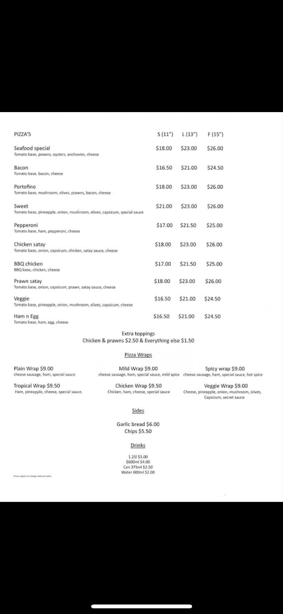 Menu, JT’s Pizza
