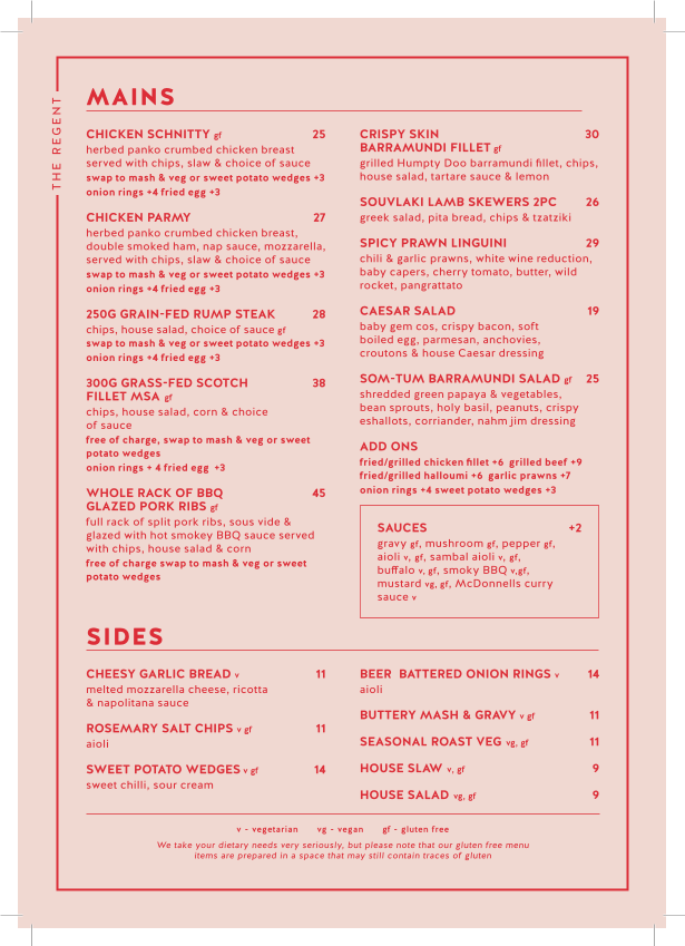 Menu, Regent Hotel