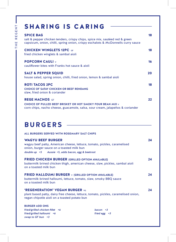 Menu, Regent Hotel