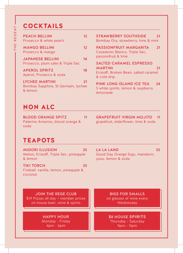 Menu, Regent Hotel