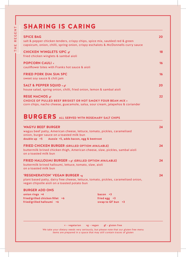 Menu, Regent Hotel