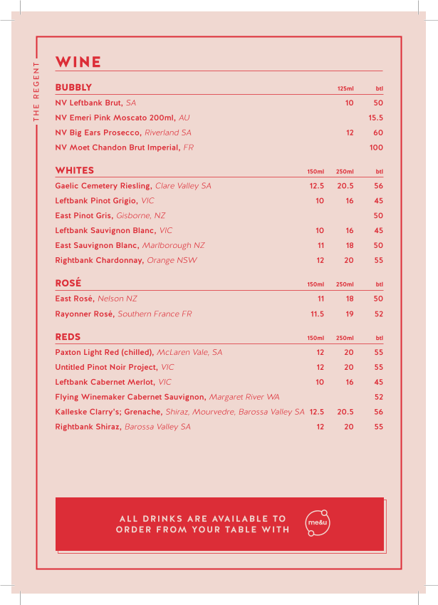 Menu, Regent Hotel