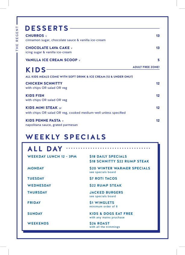 Menu, Regent Hotel