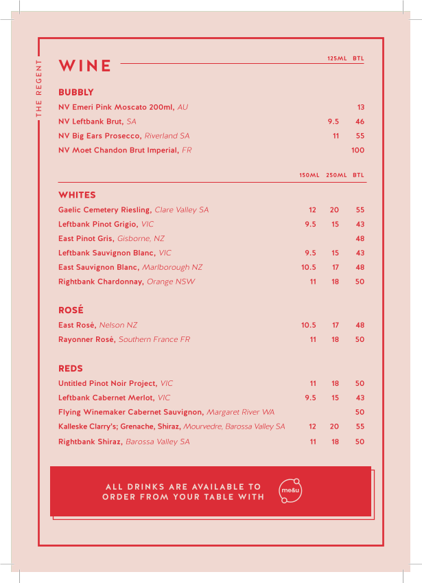 Menu, Regent Hotel