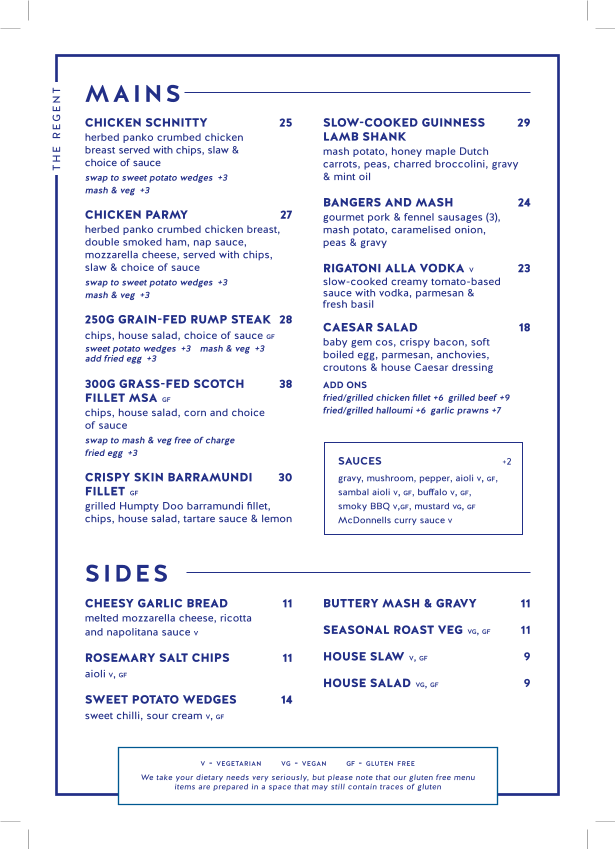Menu, Regent Hotel