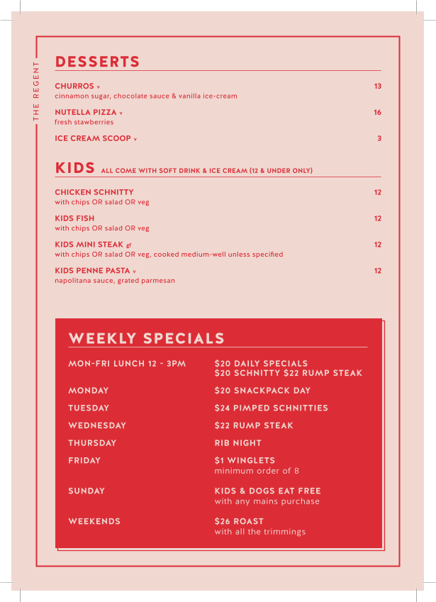 Menu, Regent Hotel