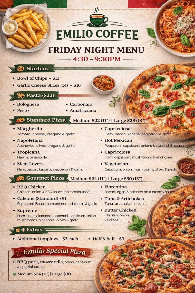 Menu, Emilio coffee